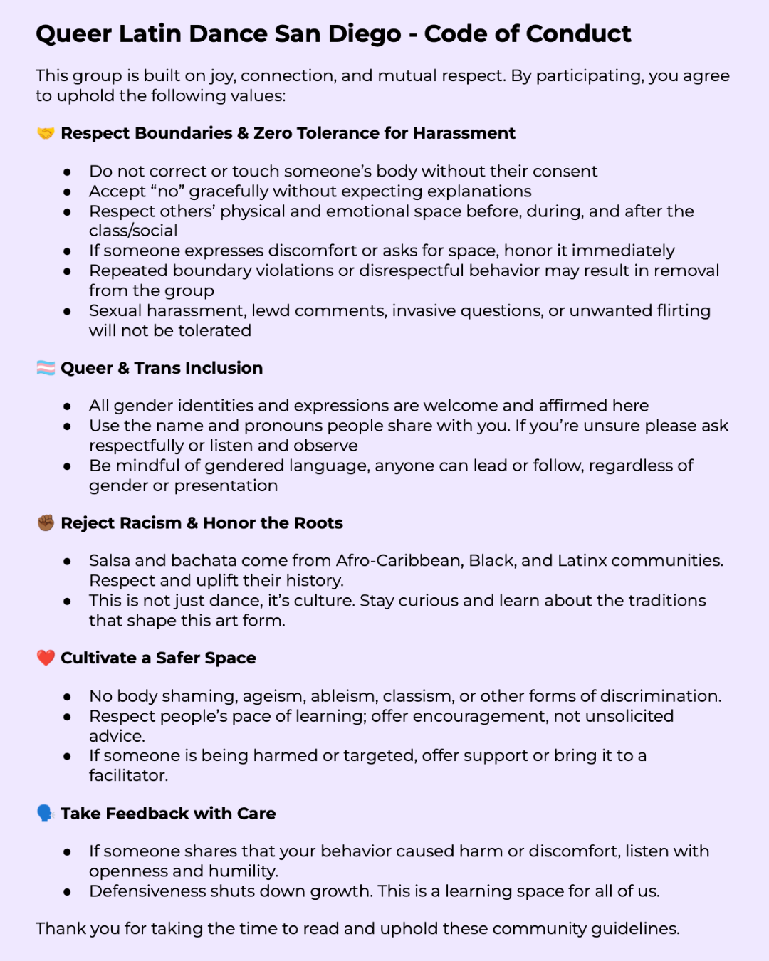 Queer Latin Dance San Diego Code of Conduct